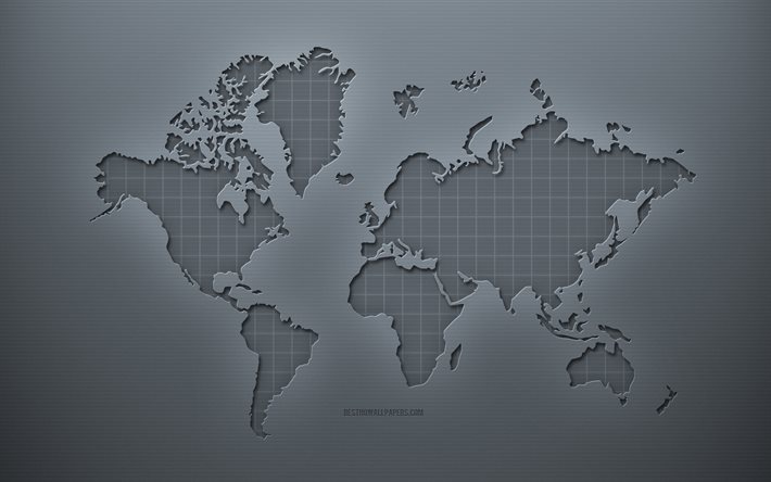 世界地図, 灰色の創造的な背景, ワールドマップのコンセプト, 灰色の紙の質感, 創造的な世界地図, 灰色の背景, ワールド 3D マップ