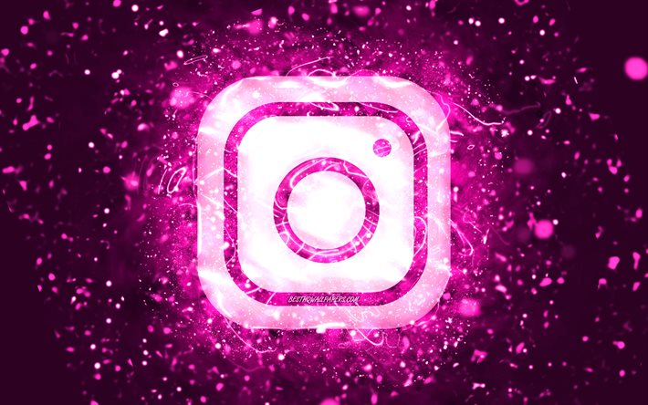 Instagram purple logo, 4k, purple neon lights, creative, purple abstract background, Instagram logo, social network, Instagram