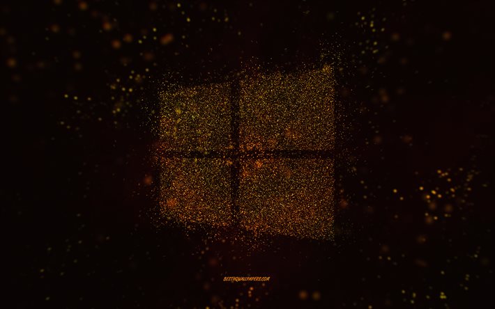 Windowsのキラキラロゴ, 黒の背景, Windowsロゴ, 黄色いキラキラアート, Windows, クリエイティブアート, ウィンドウズイエローグリッターロゴ, Microsoft Windows 10