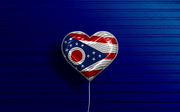 J&#39;aime l&#39;Ohio, 4k, ballons r&#233;alistes, fond en bois bleu, &#201;tats-Unis d&#39;Am&#233;rique, coeur de drapeau de l&#39;Ohio, drapeau de l&#39;Ohio, ballon avec drapeau, &#233;tats am&#233;ricains, amour de l&#39;Ohio, USA