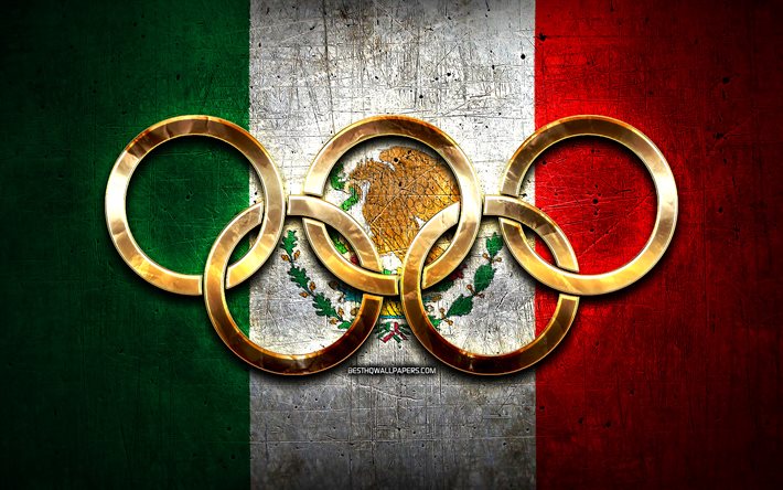 Mexikanska olympiska laget, gyllene olympiska ringar, Mexiko vid OS, kreativa, mexikanska flaggan, metallbakgrund, Mexikos olympiska lag, Mexikos flagga