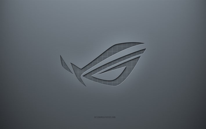 rog-logo, grauer kreativer hintergrund, rog-emblem, graue papierstruktur, rog, grauer hintergrund, rog 3d-logo, republik der spieler