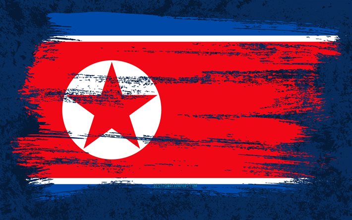 4k, Pohjois-Korean lippu, grunge-liput, Aasian maat, kansalliset symbolit, siveltimenveto, grunge-taide, Aasia, Pohjois-Korea