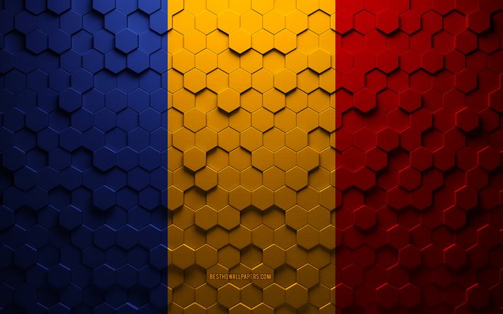 Drapeau de la Roumanie, art en nid d&#39;abeille, drapeau des hexagones de la Roumanie, Roumanie, art des hexagones 3D, drapeau de la Roumanie