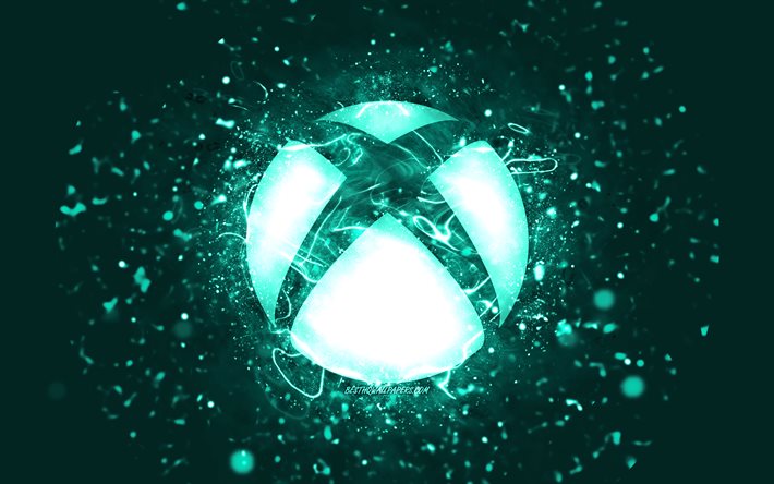 Logo Xbox turquoise, 4k, n&#233;ons turquoise, cr&#233;atif, fond abstrait turquoise, logo Xbox, OS, Xbox