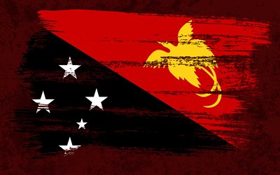 4k, bandiera della Papua Nuova Guinea, bandiere del grunge, paesi dell&#39;Oceania, simboli nazionali, tratto di pennello, arte grunge, Oceania, Papua Nuova Guinea