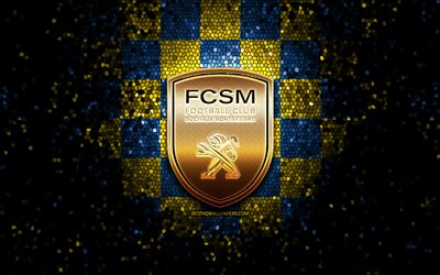Sochaux FC, logotipo brilhante, Ligue 2, fundo xadrez amarelo azul, futebol, clube de futebol franc&#234;s, logotipo do Sochaux, arte em mosaico, FC Sochaux-Montbeliard