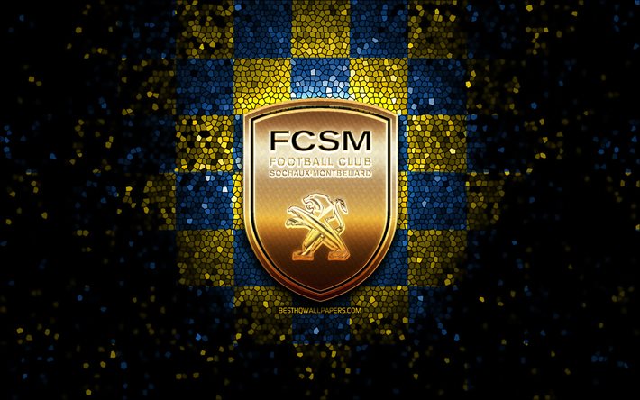 Sochaux FC, logo glitter, Ligue 2, sfondo a scacchi giallo blu, calcio, squadra di calcio francese, logo Sochaux, arte del mosaico, FC Sochaux-Montbeliard