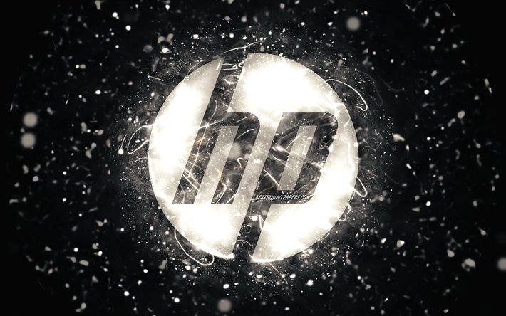 HP: n valkoinen logo, 4k, valkoiset neonvalot, luova, Hewlett-Packard-logo, musta abstrakti tausta, HP-logo, Hewlett-Packard, HP