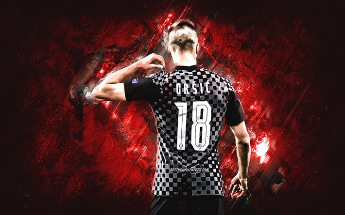 Mislav Orsic, Kroatiens fotbollslandslag, kroatisk fotbollsspelare, st&#229;ende, r&#246;d stenbakgrund, Kroatien, fotboll