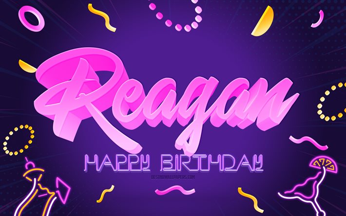 Grattis p&#229; f&#246;delsedagen Reagan, 4k, Purple Party Background, Reagan, kreativ konst, Grattis p&#229; Reagan f&#246;delsedag, Reagan namn, Reagan f&#246;delsedag, Birthday Party bakgrund