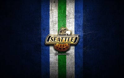 Seattle Thunderbirds, golden logo, WHL, blue metal background, american hockey team, Seattle Thunderbirds logo, hockey, Canada