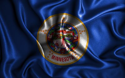 Minnesota-flagga, 4k, v&#229;giga sidenflaggor, amerikanska stater, USA, tygflaggor, 3D-konst, Minnesota, Minnesota 3D-flagga
