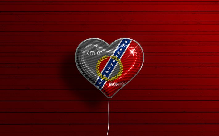 Jag &#228;lskar Montgomery, Alabama, 4k, realistiska ballonger, r&#246;d tr&#228;bakgrund, amerikanska st&#228;der, Montgomery flagga, ballong med flagga, Montgomery