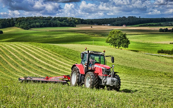 Massey Ferguson 6715 S, cueillette de l&#39;herbe, HDR, tracteurs 2021, machines agricoles, r&#233;colte, tracteur rouge, agriculture, Massey Ferguson