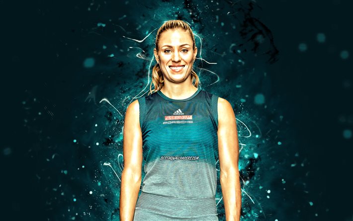 Angelique Kerber, 4k, tenistas alem&#227;s, WTA, luzes de n&#233;on azuis, t&#234;nis, fan art, Angelique Kerber 4K