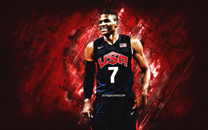 Russell Westbrook, Yhdysvaltain koripallojoukkue, USA, amerikkalainen koripalloilija, muotokuva, punainen kivi tausta