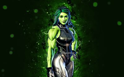 Folha de prata She-Hulk, 4k, luzes de n&#233;on verdes, Fortnite Battle Royale, personagens Fortnite, Pele Folha de Prata She-Hulk, Fortnite, Folha de Prata She-Hulk Fortnite
