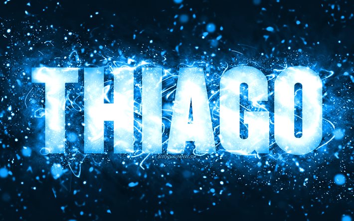 Grattis p&#229; f&#246;delsedagen Thiago, 4k, bl&#229; neonljus, Thiago namn, kreativ, Thiago Grattis p&#229; f&#246;delsedagen, Thiago F&#246;delsedag, popul&#228;ra amerikanska manliga namn, bild med Thiago namn, Thiago