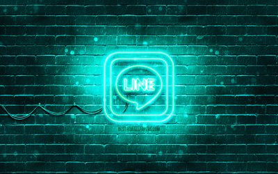LINE turquoise logo, 4k, turquoise brickwall, LINE logo, messengers, LINE neon logo, LINE