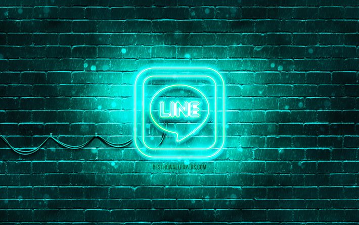 LOGO TURQUOISE LINE, 4k, mur de briques turquoise, logo LINE, messagers, logo au n&#233;on LINE, LINE