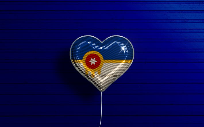 Ben Tulsa seviyorum, Oklahoma, 4k, ger&#231;ek&#231;i balonlar, mavi ahşap arka plan, Amerikan şehirleri, Tulsa bayrağı, bayraklı balon, Tulsa, ABD şehirleri