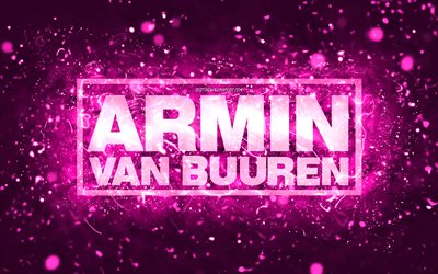 Armin van Buuren mor logo, 4k, Hollanda DJ&#39;leri, mor neon ışıklar, yaratıcı, mor soyut arka plan, Armin van Buuren logosu, m&#252;zik yıldızları, Armin van Buuren