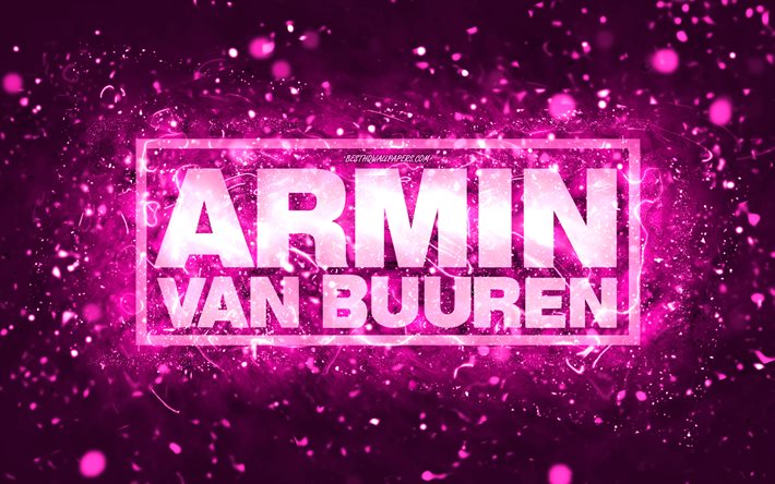 Armin van Buuren logotipo roxo, 4k, DJs holandeses, luzes de neon roxas, fundo criativo, roxo abstrato, logotipo Armin van Buuren, estrelas da m&#250;sica, Armin van Buuren