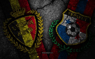 Belgien vs Panama, 4k, FOTBOLLS-Vm 2018, Grupp G, logotyp, Ryssland 2018, Fotbolls-Vm, Belgien fotboll, Panama fotboll, svart sten, asfalt konsistens
