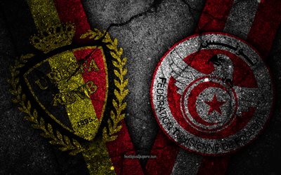 Belgien vs Tunisien, 4k, FOTBOLLS-Vm 2018, Grupp G, logotyp, Ryssland 2018, Fotbolls-Vm, Belgien fotboll, Tunisien fotboll, svart sten, asfalt konsistens