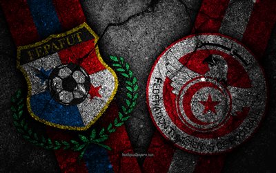 Panama vs Tunus, 4k, 2018 FIFA D&#252;nya Kupası, G Grubu, logo, 2018 Rusya, Futbol D&#252;nya Kupası, Tunus futbol takımı, Panama futbol takımı, siyah taş, asfalt doku