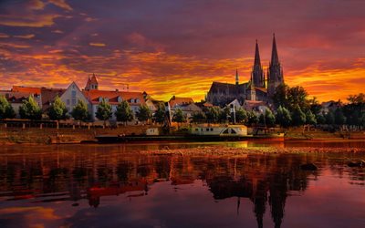 Regensburg, tramonto, terrapieno, Europa, Germania