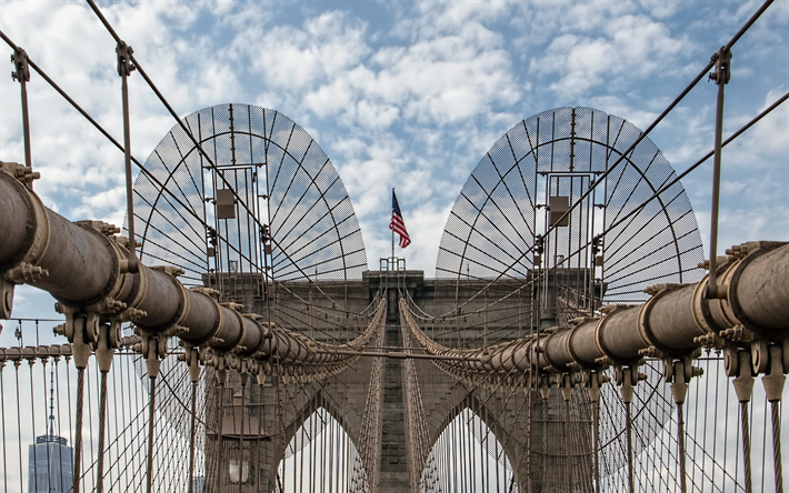 Puente de Brooklyn, Nueva York, 4 de julio, bandera de los estados unidos, el puente viejo, de Brooklyn, estados UNIDOS, la bandera Americana