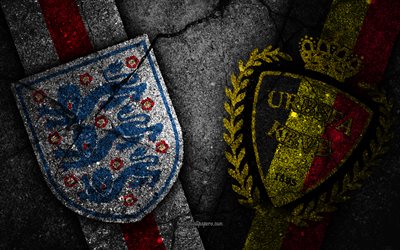 إنجلترا vs بلجيكا, 4k, كأس العالم لكرة القدم عام 2018, المجموعة G, شعار, روسيا 2018, كأس العالم لكرة القدم, بلجيكا فريق كرة القدم, إنجلترا لكرة القدم, الحجر الأسود, الأسفلت الملمس