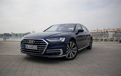 Audi A8, 2019, 4k, n&#228;kym&#228; edest&#228;, ulkoa, luxury sedan, uusi musta A8, Saksan autoja, Audi