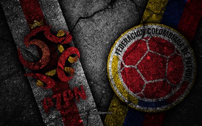 Poland vs Colombia, 4k, FIFA World Cup 2018, Group H, logo, Russia 2018, Soccer World Cup, Colombia football team, Poland football team, black stone, asphalt texture