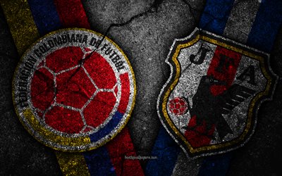 kolumbien vs japan, 4k, fifa world cup 2018, gruppe h-logo russland 2018, fu&#223;ball-weltmeisterschaft, kolumbien-fu&#223;ball-team, japan football team, schwarz stein -, asphalt-textur