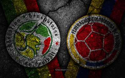 Senegal vs Colombia, 4k, FIFA World Cup 2018, Group H, logo, Russia 2018, Soccer World Cup, Colombia football team, Senegal football team, black stone, asphalt texture