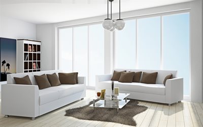 sala de estar, moderno branco interior elegante, minimalismo, sof&#225;s brancos, o design moderno do quarto