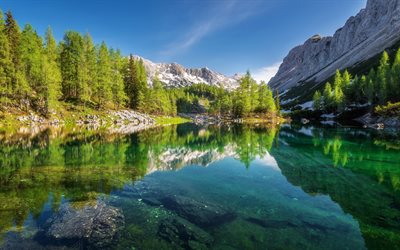 Double Lake, mountain lake, forest, glacial lake, mountain landscape, Julian Alps, Slovenia, Triglav Lakes Valley, Valley of The Seven Lakes