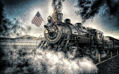 vieille locomotive &#224; vapeur, drapeau Am&#233;ricain, etats-unis, le 4 juillet, le chemin de fer, drapeau des &#233;tats-unis