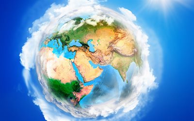 Earth globe, continents, creative art, Earth, blue background, ecology concepts