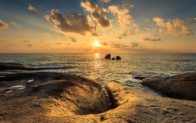 sunset, ocean, rocks, waves, seascape, water, beautiful sunset