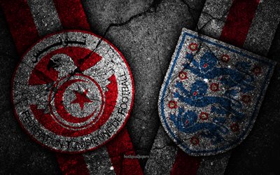 Tunisien vs England, 4k, FOTBOLLS-Vm 2018, Grupp G, logotyp, Ryssland 2018, Fotbolls-Vm, Tunisien fotboll, England i fotboll, svart sten, asfalt konsistens