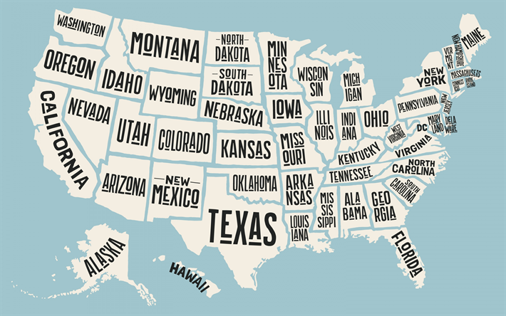 Map of the USA, creative art, July 4, USA, state map, US states, typography