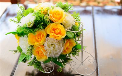 bouquet di nozze, rose gialle, bianche crisantemi, bouquet da sposa, fiori, rose