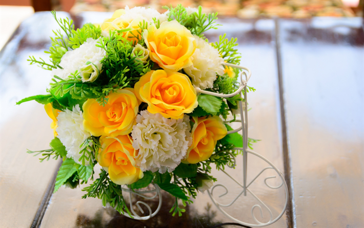 wedding bouquet, yellow roses, white chrysanthemums, bridal bouquet, beautiful flowers, roses