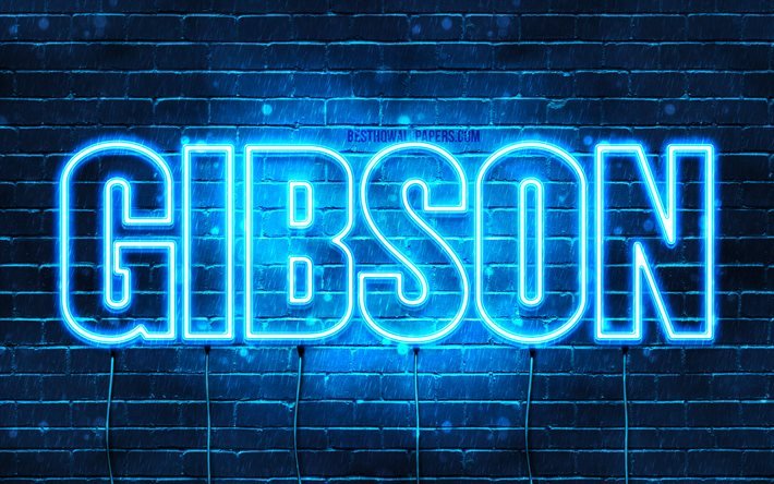 Gibson, 4k, sfondi per il desktop con i nomi, il testo orizzontale, Gibson nome, Felice Compleanno Gibson, neon blu, immagine con nome Gibson