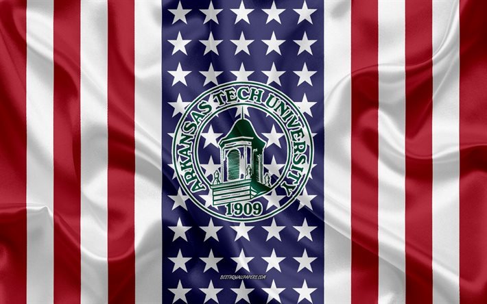 arkansas tech university-emblem, amerikanische flagge, arkansas tech university-logo, russellville, arkansas, usa, wahrzeichen von arkansas tech university