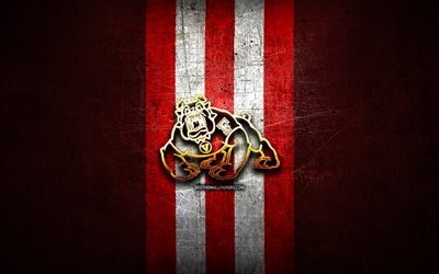 Fresno State Bulldogs, golden logo, NCAA, red metal background, american football club, Fresno State Bulldogs logo, american football, USA